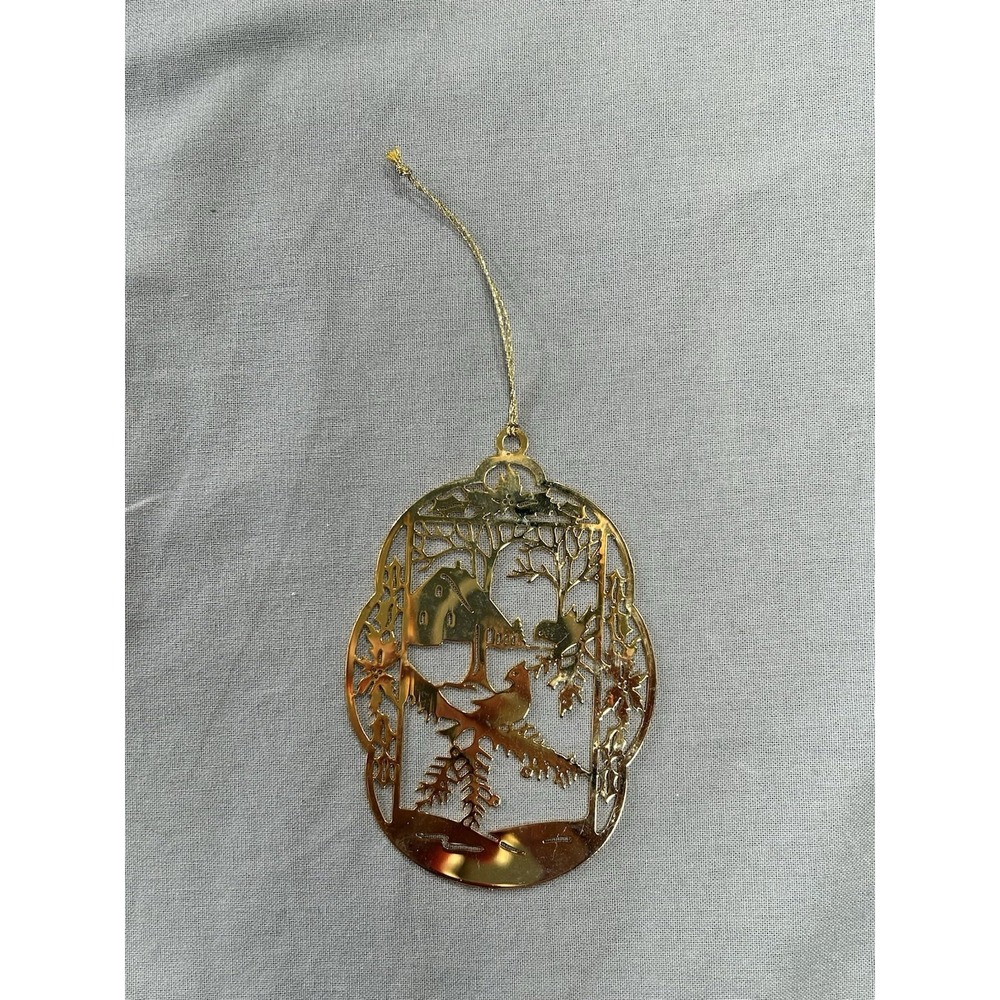 Vintage Camerlane Holiday Ornament Engraved Winter Scene Cardinals 3.25"x2.5"